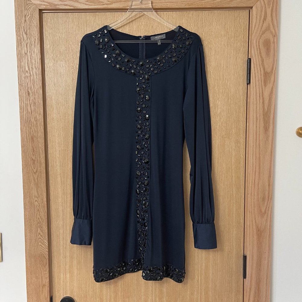Navy Beaded Mini Dress, Long Sleeve